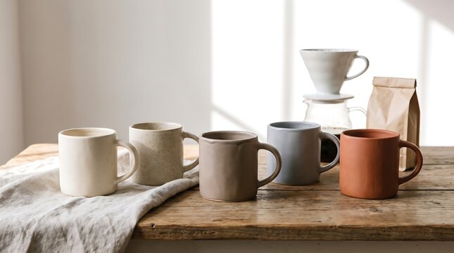 A collection of colorful ceramic coffee mugs arranged on a rustic wooden table with a pour over dripper