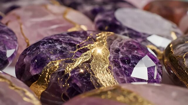 Close-up of polished purple and pink geode-like stones with shimmering gold veining
