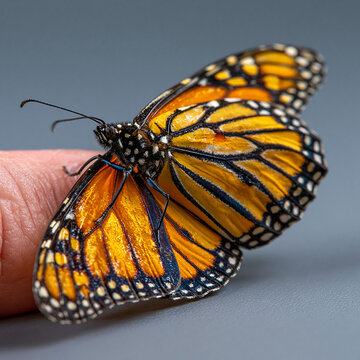 Macro view of bright orange monarch butterfly perched on human finger showing detailed wing veins