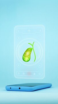 Doctor using mobile app interface on smartphone for gallbladder diagnosis showing, innovative technology for early detection of gallstones and cholecystitis. Light blue background.