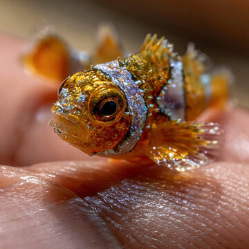 Tiny orange clownfish held in palm of hand showing detailed fins and white striped pattern