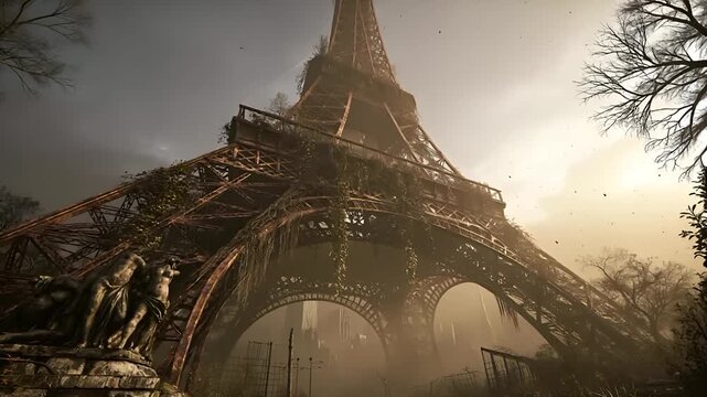 Paris, France, Europe. A dramatic, atmospheric depiction of the Eiffel Tower, a landmark in Paris, France. The image depicts the iconic structure in a state of disrepair, with rust and decay evident.