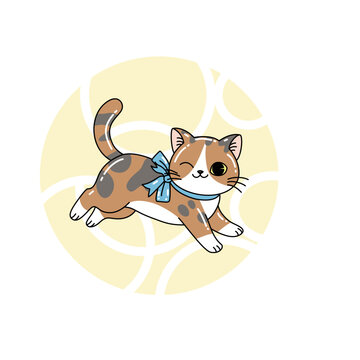 Playful Running Cat Blue Ribbon