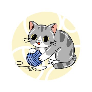 Grey Cat Playing Yarn Ball