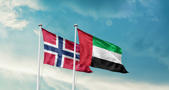 Norway and UAE friendship flags are waving in the sky. Double country Flag waving with mast. Norway UAE national flag for agreement.