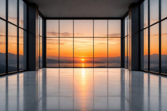 Modern Architecture with Sunset View: An empty, expansive room with floor-to-ceiling windows showcasing a breathtaking sunset over a tranquil body of water and distant mountains.