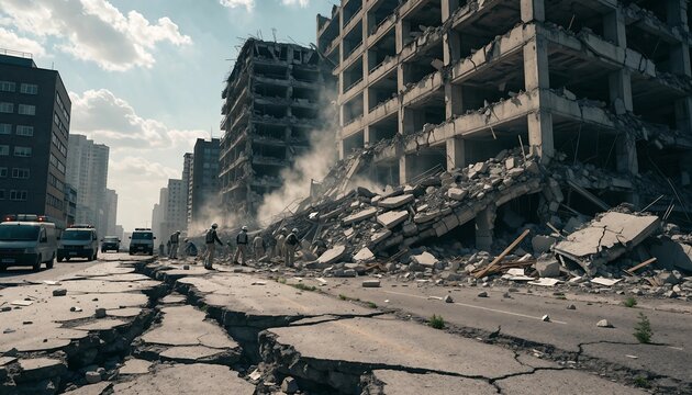 Destroyed multistory building after major urban disaster scene