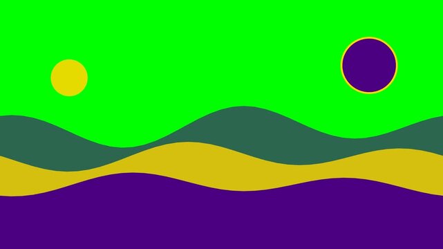 Abstract landscape with layered hills and celestial orbs in bright colors