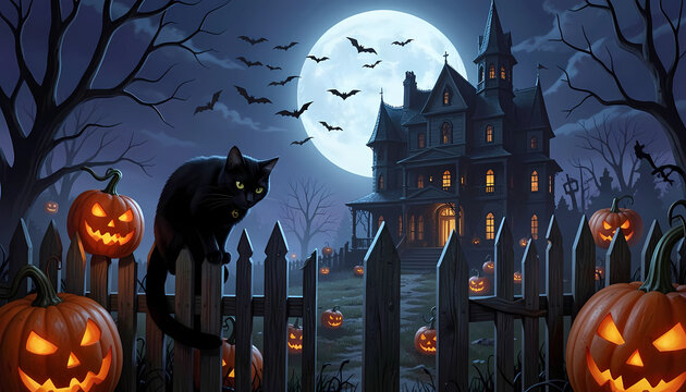 Happy halloween greeting with black cat and full moon background