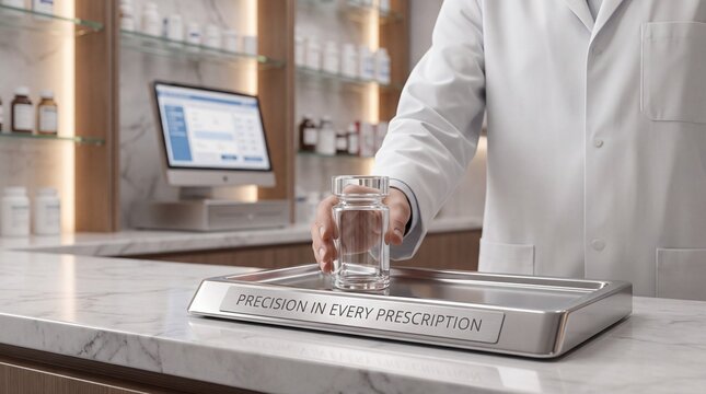 Pharmacist holding glass tray with water bottle in modern medical clinic counter with prescription professional