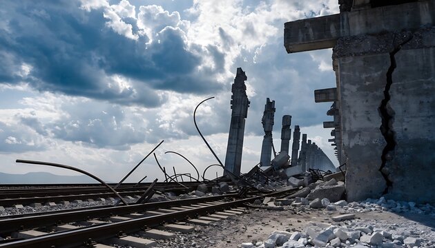 Destroyed railway tracks next to ruined concrete infrastructure under cloudy sky