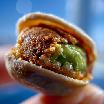 Macro close up of a cracked open pistachio nut with a vivid green kernel inside, pistachio