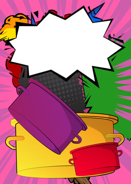 Cartoon Kitchen Pot with blank speech bubble, comic book Food background. Retro vector comics pop art design.