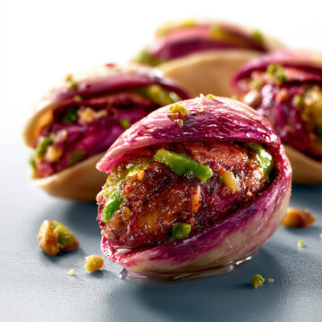 Group of purple shelled pistachio nuts showing green kernels on a grey surface with pistachio