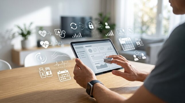 Man at home using tablet for health monitoring with pulse oximeter, telemedicine, digital medical interface with floating icons showing heart rate and wellness data in living room