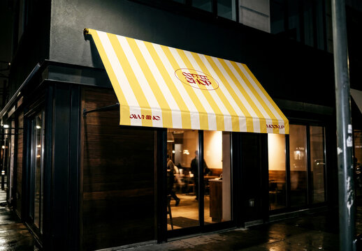 Striped Awning Mockup on Coffee Shop Storefront