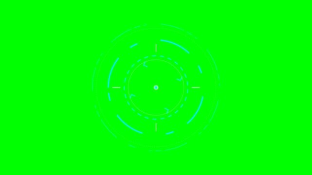 Futuristic cyan circular interface element on a solid green background