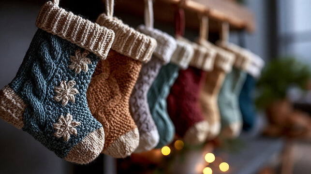 Row of colorful knitted christmas stockings hanging on a fireplace mantel with cozy vibe