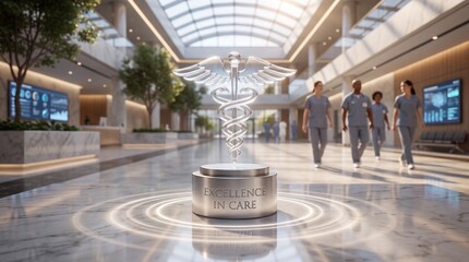 Glass caduceus symbol resting on excellence in care pedestal inside modern healthcare facility atrium corridor