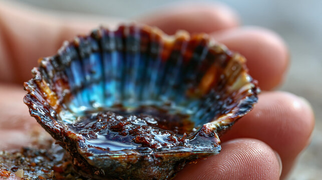 Human hand holding a small iridescent seashell filled with ocean sand coastal living seashell