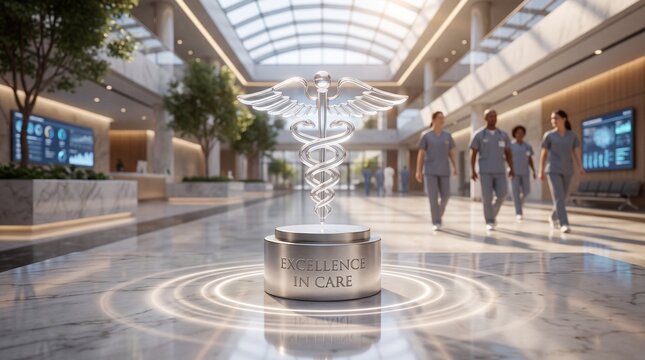 Glass caduceus symbol resting on excellence in care pedestal inside modern healthcare facility atrium corridor