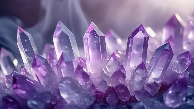 Glowing purple amethyst crystal cluster with sharp points surrounded by mystical ethereal smoke and soft cinematic lighting effect.