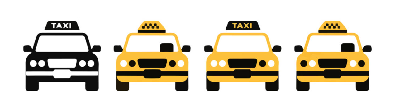 Four yellow taxi cars and one black taxi, front view, isolated on a white background, representing urban transportation and ride services