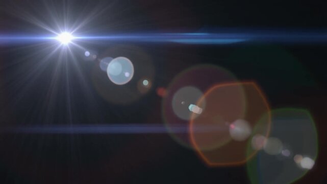 Bright anamorphic lens flare light streak overlay effect with colorful bokeh reflections moving across a dark black background for video production.