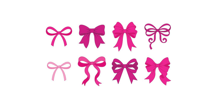 Collection of various decorative pink ribbon bows isolated on a plain white background for design projects