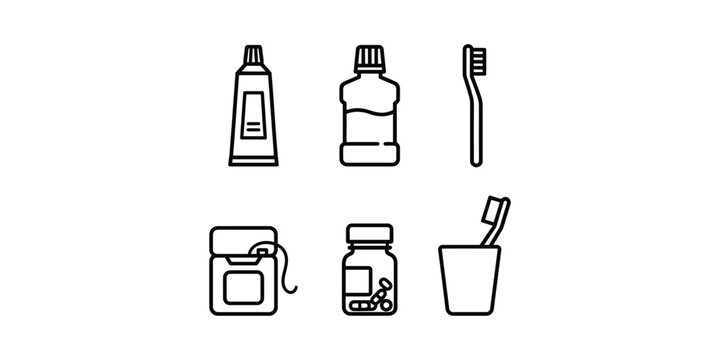Set of dental hygiene icons featuring toothbrush toothpaste mouthwash dental floss and other oral care products