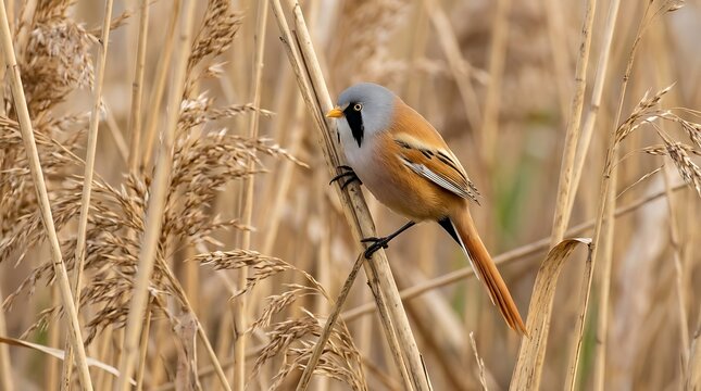 A male bearded reedling perched on dry reeds in a wetland habitat during a cold winter day in the natural environment