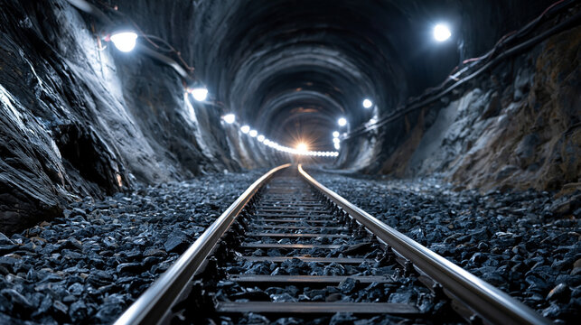 Brightly illuminated mining tunnel with clean rail tracks leading into the evenly lit distance tidy white lamps in rows along pale rock walls empty orderly composition with