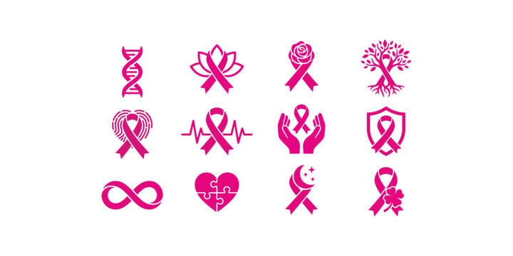 Set of pink ribbon icons representing breast cancer awareness and support for medical health research campaigns