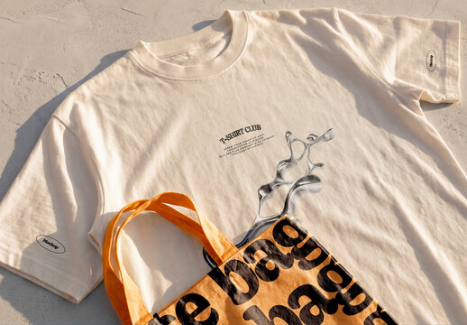 Folded T-Shirt Mockup with Tote Bag