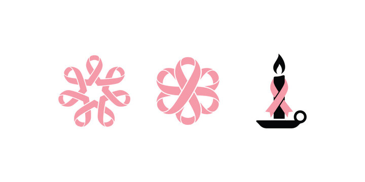 Set of pink breast cancer awareness ribbon icons arranged in floral patterns and a candle design