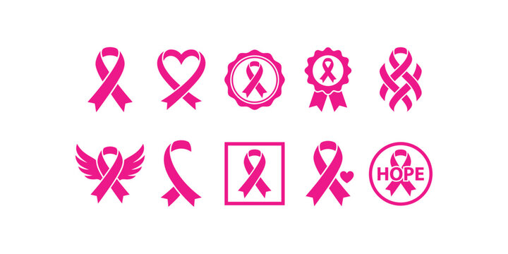 Collection of pink ribbons representing breast cancer awareness and support in various decorative design styles