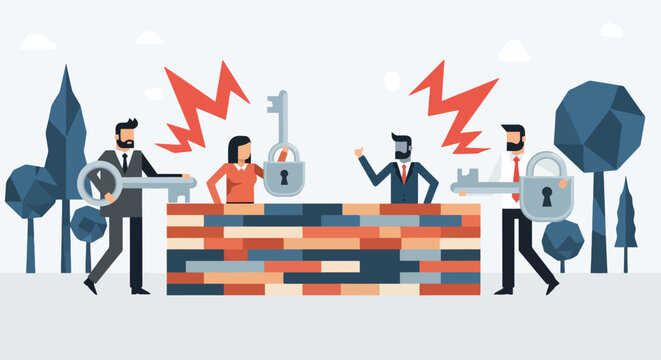 Business people facing a conflict or barrier, each holding a key and a lock, separated by a wall with lightning bolts.
