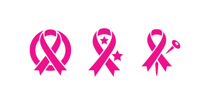 Set of three pink awareness ribbons for breast cancer awareness month isolated on white background