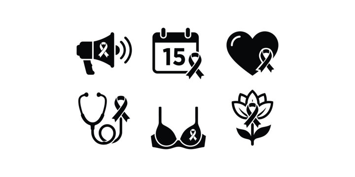 Set of black and white breast cancer awareness icons featuring ribbons and medical health care symbols