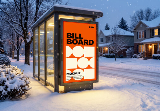 Billboard Mockup at Snowy Bus Stop