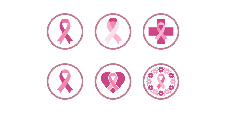 Set of pink ribbon icons representing breast cancer awareness and support for patients and survivors