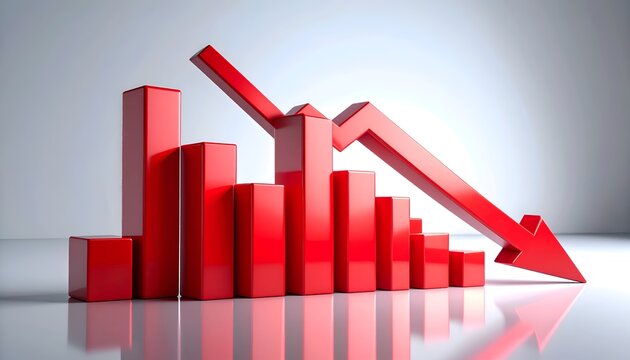 Red bar graph with a large descending arrow, representing falling sales, market downturn, business losses, financial trends, and investment challenges.