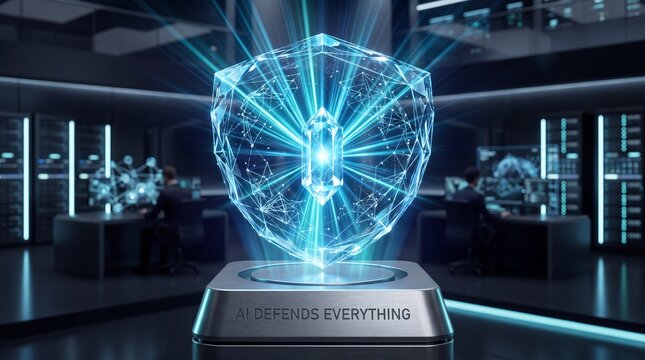 Digital cybersecurity shield protecting data infrastructure within modern high tech server room control center