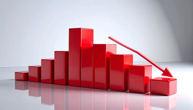 Glossy red bar chart ending with a downward arrow, symbolizing stock market decline, financial crisis, revenue loss, investment risk, and negative business growth.