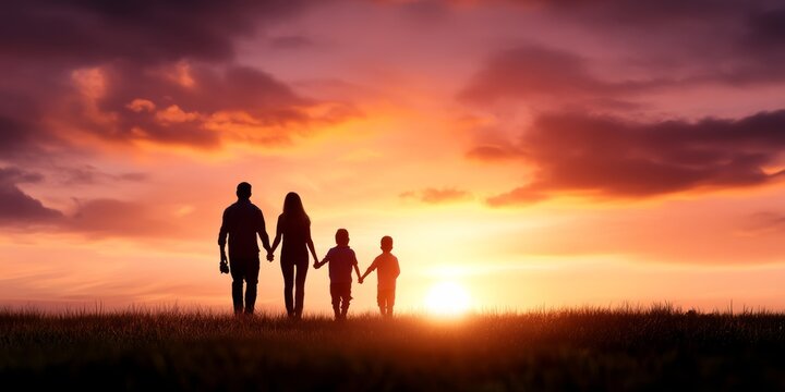 A family of four walks hand in hand against a stunning sunset backdrop, enjoying a peaceful evening together