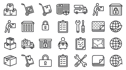 Fototapeta premium Logistics shipping and warehouse management line icons