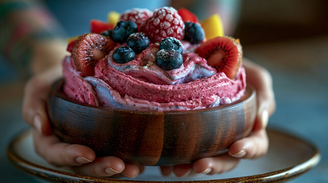 Person holding a wooden bowl filled with fresh mixed berry sorbet and fruit toppings
