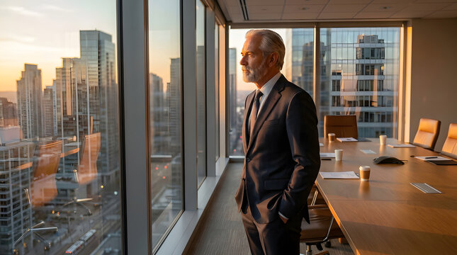 Thoughtful businessman looking out office window at city sunset