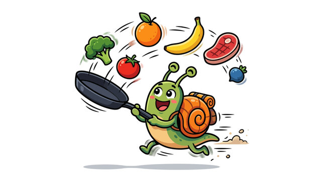 Happy Snail Juggling Food and Frying Pan, Healthy Eating Concept