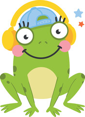 Fototapeta premium Cute cartoon frog sitting and smiling while wearing large yellow headphones. The cheerful green frog has big expressive eyes, pink cheeks, a friendly smile, and a light yellow belly. Colorful stars fl